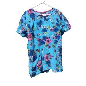 Heartsoul Womens 3X 3XL Scrub Top Blue FAloral Cottagecore Nurse Vet Tech Cotton